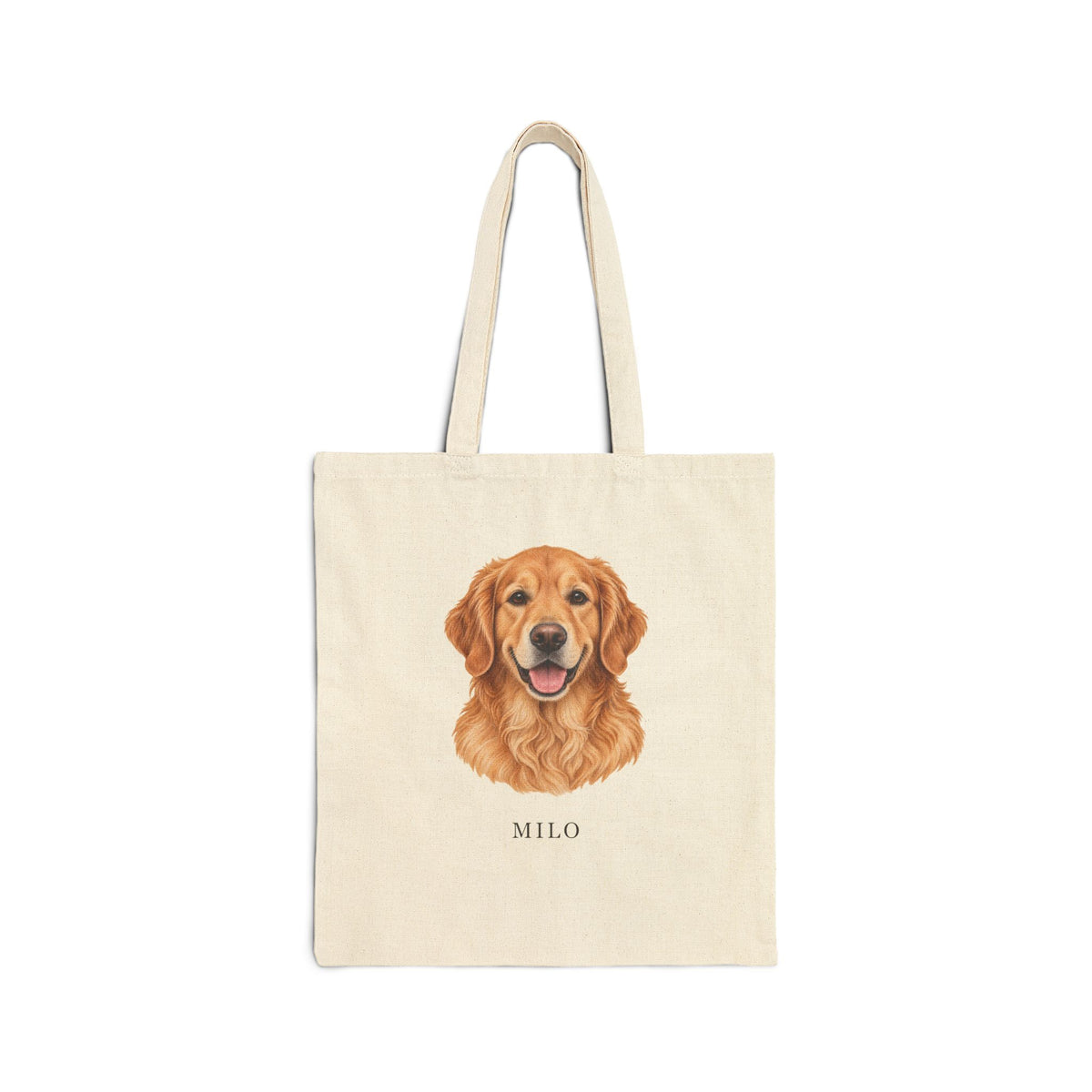 Example Milo design on a natural canvas tote, supplier mockup