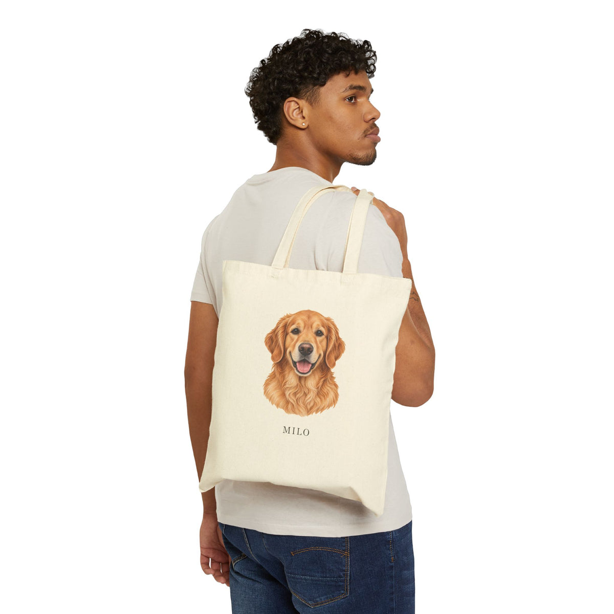 Supplier mockup showing the example Milo tote worn over a shoulder
